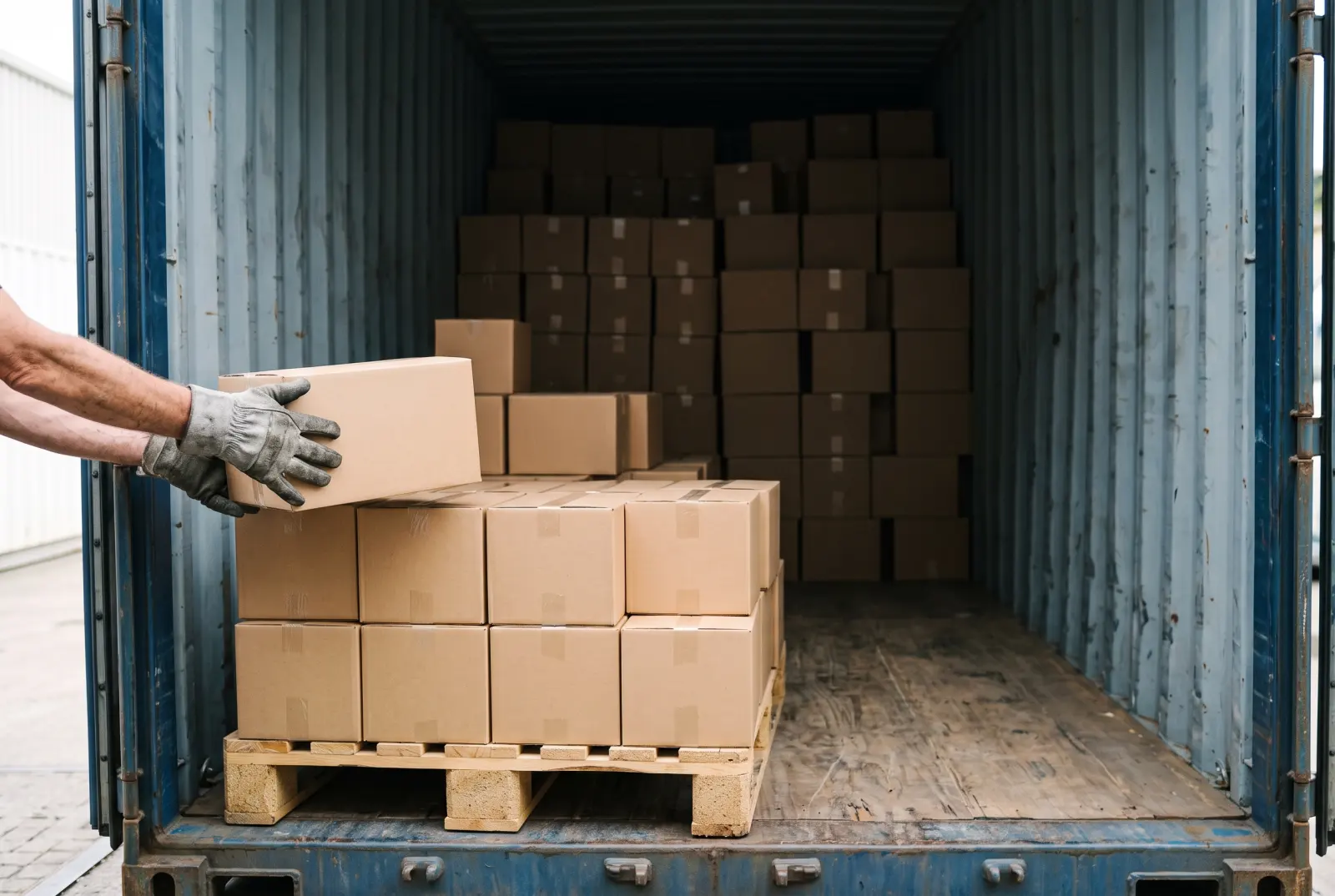 Symbolbild: Kartons aus einem offenen Seecontainer werden auf eine Europalette umgesetzt