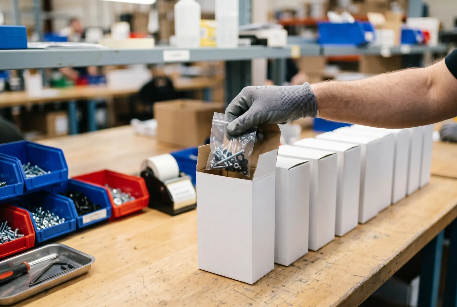 Symbolbild: Ein Beipack mit Schrauben wird in Produktschachteln eingelegt