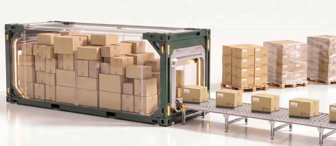 Symbolbild: Gläserner Container voller Kartons – die Kartons laufen aus dem Portal über eine Rollenbahn, dahinter nach Artikeln sortierte Paletten